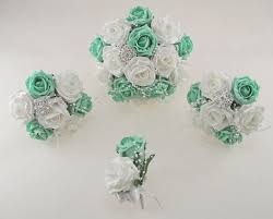 Celebrate flavour and flair with a mint green wedding! Mint Green And White Diamante Foam Rose And Brooch Wedding Flower Pack Budget Wedding Flowers