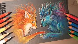 Ice And Fire Fantasy Drawings Color Pencil Drawing Textured Paper Art