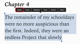 A Screenshot Of An Open Book In The Mobile Ibooks App A Paragraph Of The Text Is Highlighted Below A Black Toolbar The Speak Button My Books Books Open Book