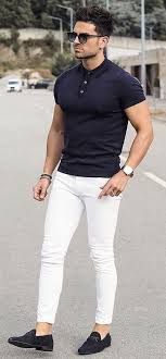 Black And White Polo Shirt Mens Simple Summer Outfit Inspiration With Black Framed Sunglasses Black Polo Shirt White Denim Wrist Access Mens Casual Outfits Polo Shirt Outfits Shirt Outfit Men