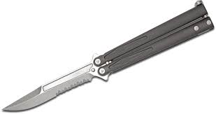 Also known as balisongs, these knives and trainers are perfect for learning the art of 'flipping.' Microtech 173 11 Tachyon Iii Balisong Butterfly Knife 4 5 Stonewashed Bowie Combo Blade Black Aluminum Handles Knifecenter Discontinued