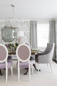 Laura Wilmerding Interiors Lilac And Black Dining Room Silver Leaf Venetian Mirror Black And White Wall Paper Patter Black Dining Room Decor Dining Chairs