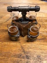 12 ounce pauwel kwak glass with wooden holder; Beer Flight Holder Carrier Handmade With Industrial Pipe Wood Base Holds 4 Beer Glasses