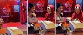 The dali mask is the signature look of the robbers in both the royal mint of spain heist and bank of spain heist. Waiters With Money Heist Masks Will Get Your Food At This Spot In Dubai Lovin Dubai