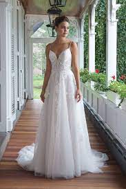 Sincerity 11084 A Line Lace Wedding Dress Featuring An Illusion Lace Bodice With Thin Spaghetti Wedding Gown Backless Wedding Dresses Backless Bridal Gowns