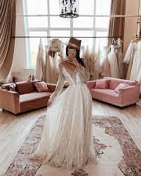 Galaxy By Boom Blush Sparkly Ivory Wedding Dress Unique Bohemian Wedding Gown With Deep V Neck And Long Sleeves Backless And A Line 2020 Lace Wedding Dress With Sleeves Ivory Wedding Dress