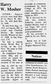 Obituary for Harry W. Mosher, 1925-1996 (Aged 70)