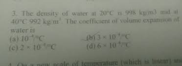 The thermal coefficient of expansion of water is 0.00021 per 1° celsius at 20° celsius. 3 The Density Of Water At 20 C Is 998 Kg M3 And At 40 C 992 Kg M The Coefficient Of Volume Expansion O Water Is A 10 C B 3 X 10 C C 2