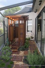 Teak Wood Walkway To Shower With Pebbles But Different Shower Design Setup Backyard Outdoor Shower Outdoor Bathroom Design
