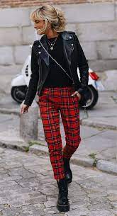 Street Style Obsession Red Plaid Pants Biker Jacket Bag Boots Top Red Pants Outfit Red Plaid Pants Maroon Pants Outfit