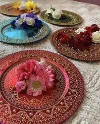 Beautiful Colourful Faux Flower Wedding Decor Charger Plates Mehndi Thaal Desi Wedding Decor Asian Wedding Decor Colorful Faux Flowers