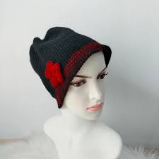 Crochet Flapper Beanie, Black and Red Hat, Women Alpaca Winter Beanie, Red  Flower Girl Hats