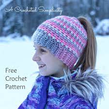 Linen Stitch Messy Bun Hat Free Crochet Hat Pattern With Video Tutorial A Crocheted Simplicity Crochet Ponytail Hat Free Crochet Bun Hat Crochet Ponytail Hat Pattern