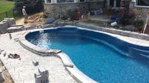 Fiberglass Pool With Brick Coping Subdeck For Pavers And Wall For Automatic Cover Track Pools Backyard Inground Backyard Pool Fiberglass Pools