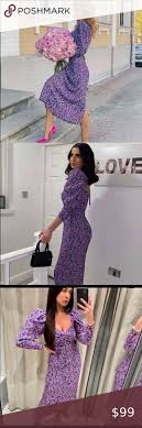 Zara purple floral midi dress long puff sleeve 