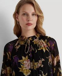 Ralph Lauren BLACK/TAN/MULTI Women's Floral Belted Crinkle Georgette Dress,  US 2
