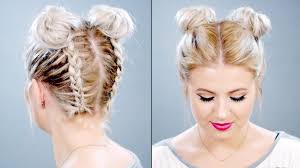 Buns for short hair run the gamut from modern and edgy to classic and chic, it all depends on the style you want to achieve. Double Braided Space Buns On Short Hair Milabu Short Hair Tutorial Braids For Short Hair Braided Hairstyles Tutorials