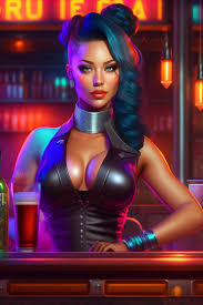 Lexica - Cyberpunk female bar tender feme fatal, hot and flirty in a bar