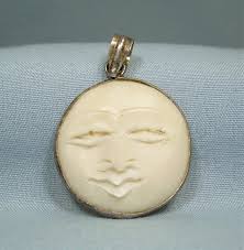 STERLING VOLTO CELESTE Ciondolo Charm-Vintage 925 Cammeo in osso intagliato  in argento-Pacifico sorridente Divinità Zen Dea Cosmica Uomo nella luna  piena