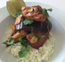 Rocco Dispirito Recipe Chicken With Glazed Eggplant And Cauliflower Rice Fitbit Blog Rocco Dispirito Recipes Poultry Recipes Recipes