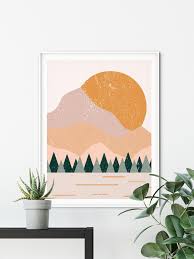 Boho Wall Decor Burnt Orange Print Mountain Print Sunset Print Living Room Decor Boho Print Mid Century Art Print In 2020 Orange Wall Art Boho Decor Wall Decor