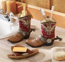 Western Theme Bathroom Decor Pair Of Cowboy Boots Hat Bath Accessories Set Western Bathroom Decor Cowboy Bathroom Western Bathrooms