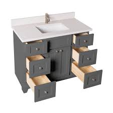 The sides and back are made from marine grade plywood to resist warpage and shrinkage. St Lawrence Cabinets London Vanity With Dover White Quartz Top Single Sink 42 In Graphite Grey Rona