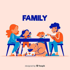 Download Hand Drawn Family Sitting With Dog Around Table For Free Happy Parents Kids Hands Walking Cartoon
