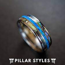 Abalone And Blue Opal Ring Mens Wedding Band 8mm Unique Etsy In 2020 Rings Mens Wedding Bands Unusual Wedding Rings Blue Opal Ring