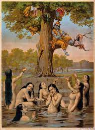 Krishna sitting in a tree with all the gopis clothes while they naked in  the water, beg for their garments. Chromolithograph after Ravi Varma. |  Wellcome Collection