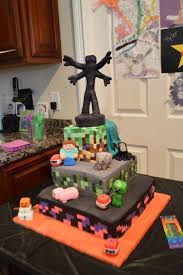Birthday Cake For 9 Year Old Boy Minecraft Birthday Cake For My 9 And 7 Yr Old Boys Cake Made With Mmf Fondant And Rice Kri Minecraft Cake Minecraft Birthday
