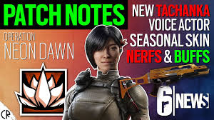 It adds a new operator from nighthaven and features a rework of skyscraper. Patch Notes Neon Dawn New Tachanka Voice Actor 6news Rainbow Six Siege Youtube