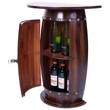 48 x 18 x 35h half moon shape silver metal console table style wine rack has glass top with 8 wine bottle holders under & curved plank style 35 x 15 x 33h dark cherry console table top has rope style trim lower v shaped magazine rack with 4 carved dividers x shape block side. Vintiquewise Wooden Wine Barrel Console Bar End Table Lockable Cabinet Qi003403l The Home Depot