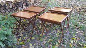We love the shabby old paint and vintage floral decals! Vintage Mid Century Burl Wood Folding Tv Tray Table Set Of 4 With Stand Bluff City Manufacturing Memphis Tn Burled Wood Vintage Mid Century Tv Tray Table