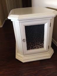 How To Diy Making A Dog Crate Into An End Table With An Old Particle Board Piece And Fabric Descriptio Dog Crate Furniture Dog Kennel Furniture Dog Furniture