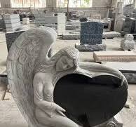 Black Granite Headstone With 3D Carved Angel - Upright Cemetery Monument  With Custom Engraving