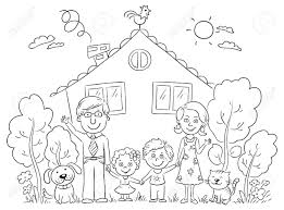 * * * * colorear dibujos de de una familia feliz. La Familia Feliz De Dibujos Animados Con Dos Ninos Y Animales Domesticos Cerca De Su Casa Con Un Jardin En Blanco Y Negro Ilustraciones Vectoriales Clip Art Vectorizado Libre De Derechos Image