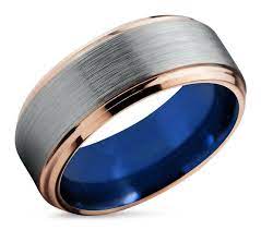 Mens Wedding Band Blue Tungsten Ring Rose Gold 18k Wedding Etsy Mens Wedding Bands Blue Mens Wedding Bands Blue Tungsten Ring