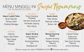 Sebab, dengan menyajikan sebuah hidangan dapat meningkatkan keharmonisan dalam keluarga. Daftar Menu Mingguan 10 16 Agustus 2020 Sayur Ngampung