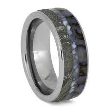 Pearl Men S Wedding Band With Dinosaur Bone And Meteorite Titanium Ring 3718 In 2020 Mens Wedding Rings Titanium Wedding Rings Mens Wedding Bands