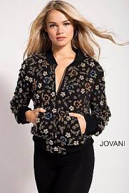 Jovani M53011 Black Multi Beaded Long Sleeve Bomber Jacket In 2020 Embellished Bomber Jacket Contemporary Dresses Embellished Bomber