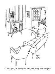 Living room with light wooden floor, grey couch and wing back chair and big tv on the wall. Thank You For Inviting Us Into Your Living Room Tonight New Yorker Cartoon Premium Giclee Print Joseph Farris Art Com