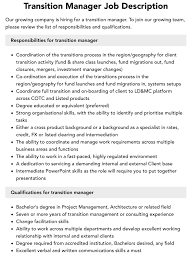 Transition Manager Job Description | Velvet Jobs