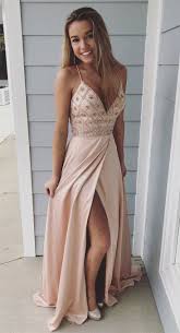 A Line Spaghetti Straps Sweep Train Beige Prom Dress With Beading Split Beige Prom Dresses Satin Prom Dress Straps Prom Dresses