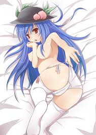 It felt i wanted share the sensation of touch with her. Breasts Blush Long Hair Highres Touhou Thighhighs Panties Hat Red Eyes Ass Open Mouth Blue Hair Large Breasts Lying Bed Topless Cameltoe From Behind White Panties Panty Pull On Side Side Tie Panties