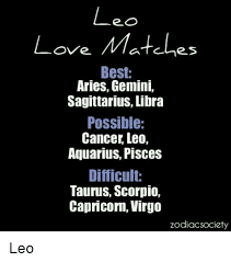 Neither of those excuses flies with cancers (especially if you're looking for a cancer love match). E O Love Matches Best Aries Gemini Sagittarius Libra Possible Cancer Leo Aquarius Pisces Difficult Taurus Scorpio Capricorn Virgo Zodiac Society Leo Love Meme On Me Me