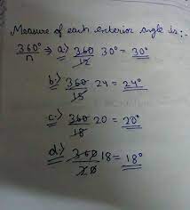 Find The Measure Of Each Exterior Angle Of A Regular Polygon Of 1 12 Sides Brainly In