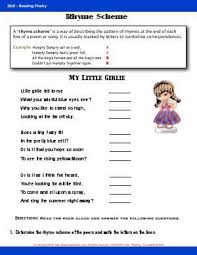 Worksheet Rhyme Scheme Read The Poem Quot My Little Girlie Quot Aloud Then Answer The Related Questi Rhyming Words Worksheets Rhyming Words Rhyme Scheme
