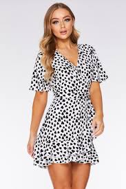 Quiz Black And White Heart Print Wrap Dress Printed Wrap Dresses Black And White Heart White Wrap Dress