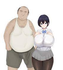 absurdres, highres, 1boy, 1girl, breasts, fat, fat man, huge breasts, short  hair, smile 